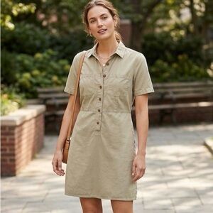 J Crew Shirt Pocket Dress W/ 10 Khaki Short Sleeve Side Slit Preppy Resort Wear